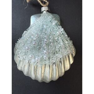 Blown Glass Beaded Scallop Seashell Christmas Ornament Handcrafted Coastal Beach